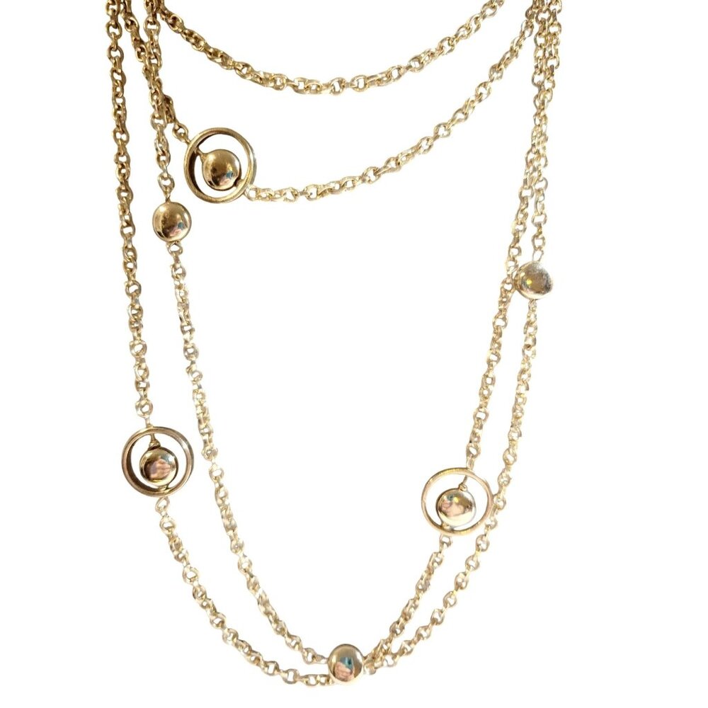Vintage 39" Gold Tone Chain Necklace With Balls Inside Circles & Orbiting Balls - Picture 3 of 6